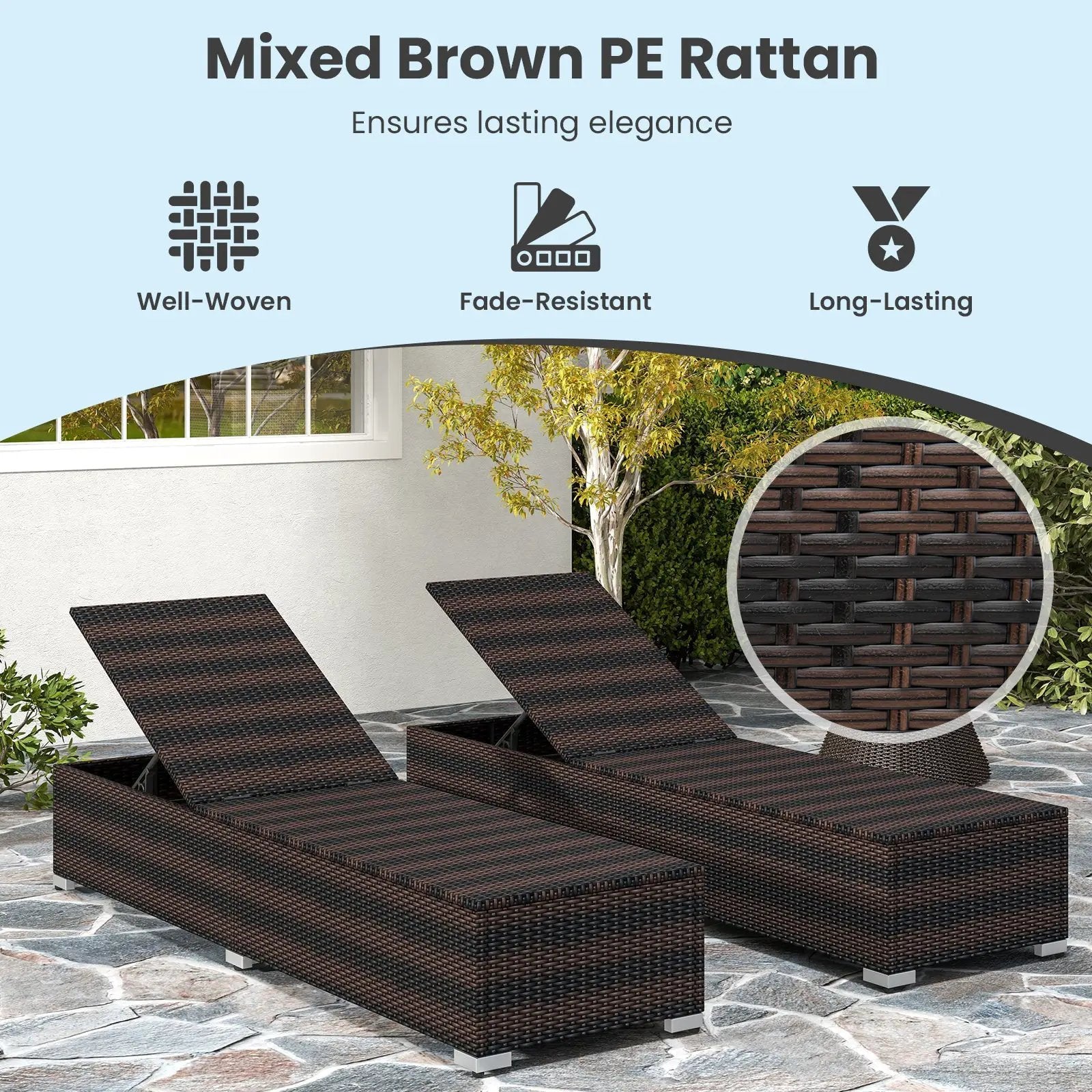 Patio Wicker Lounge Chair with 4-level Backrest and Long Seat Cushion-Brown by DirectDeals