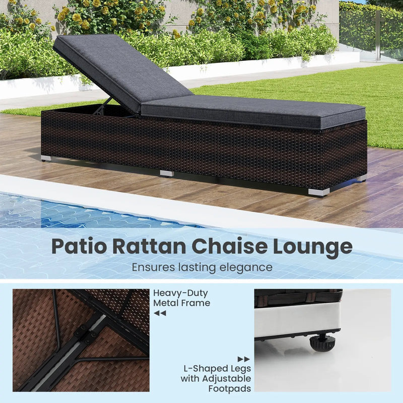 Patio Wicker Lounge Chair with 4-level Backrest and Long Seat Cushion-Brown by DirectDeals