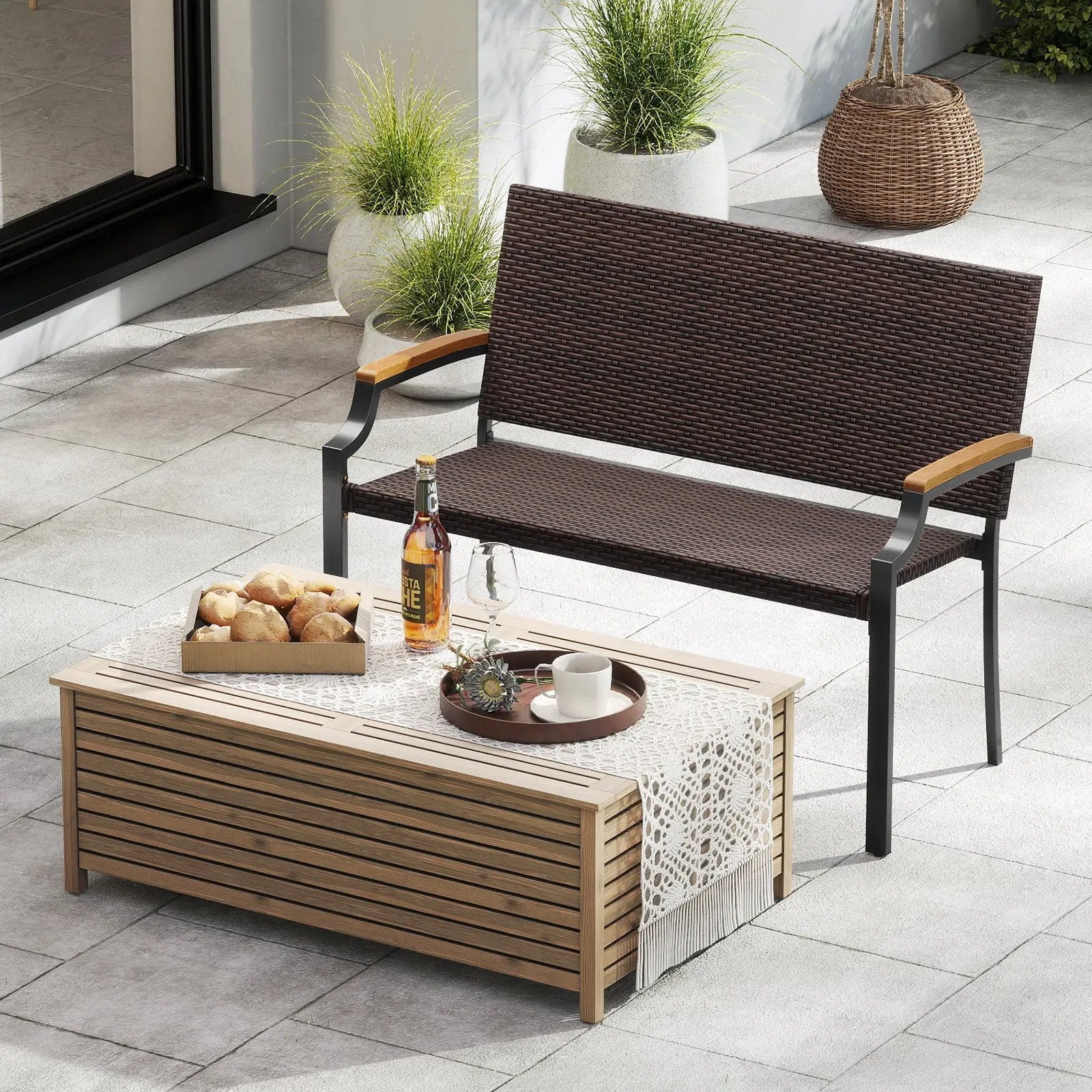 Patio Wicker Loveseat Chair with Acacia Wood Armrests and Metal Frame by DirectDeals