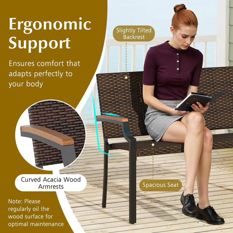 Patio Wicker Loveseat Chair with Acacia Wood Armrests and Metal Frame by DirectDeals
