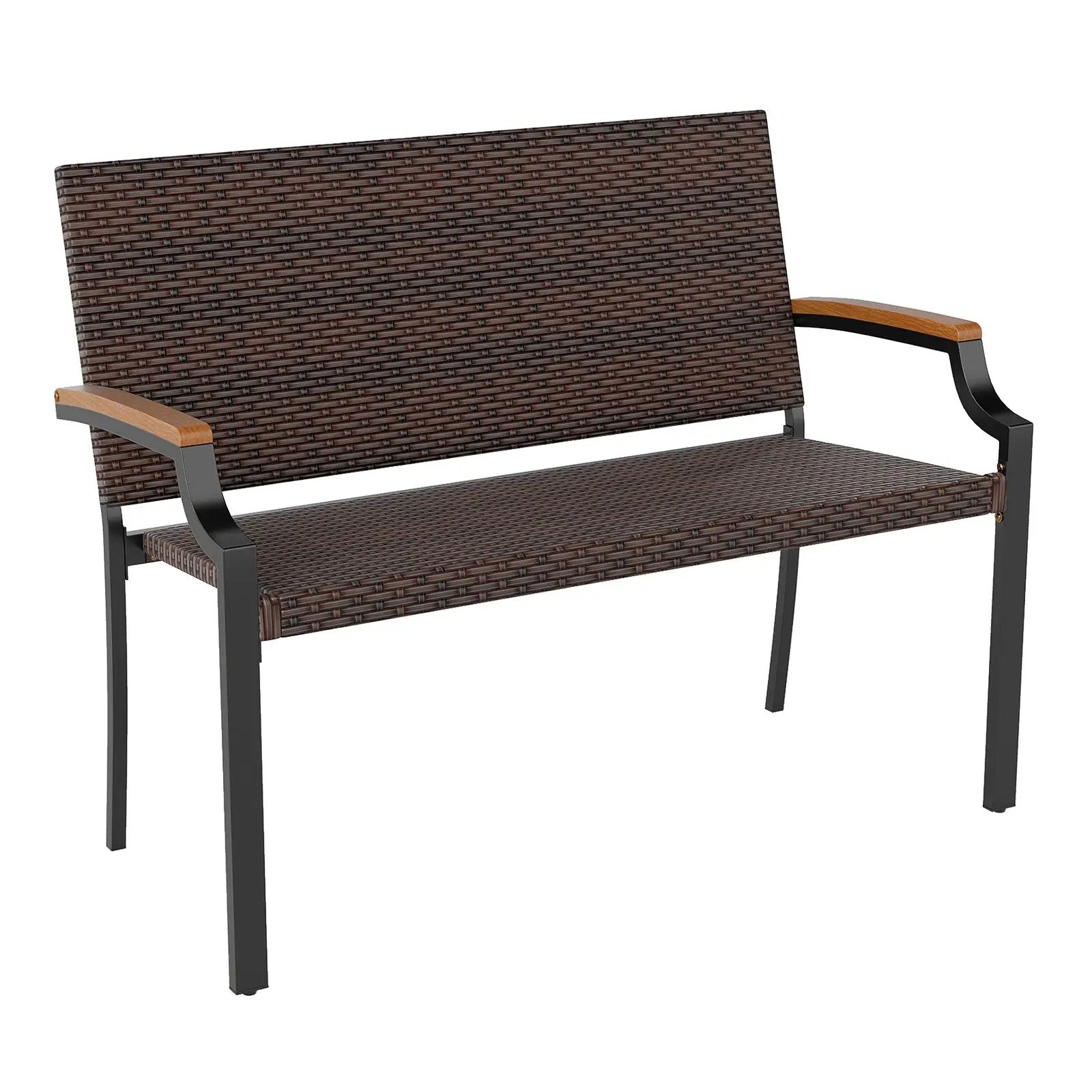 Patio Wicker Loveseat Chair with Acacia Wood Armrests and Metal Frame by DirectDeals