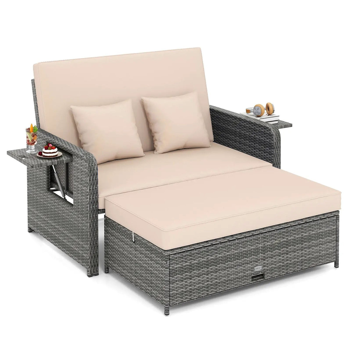 Patio Wicker Loveseat Sofa with Multipurpose Ottoman and Retractable Side Tray, photo 12 of 32