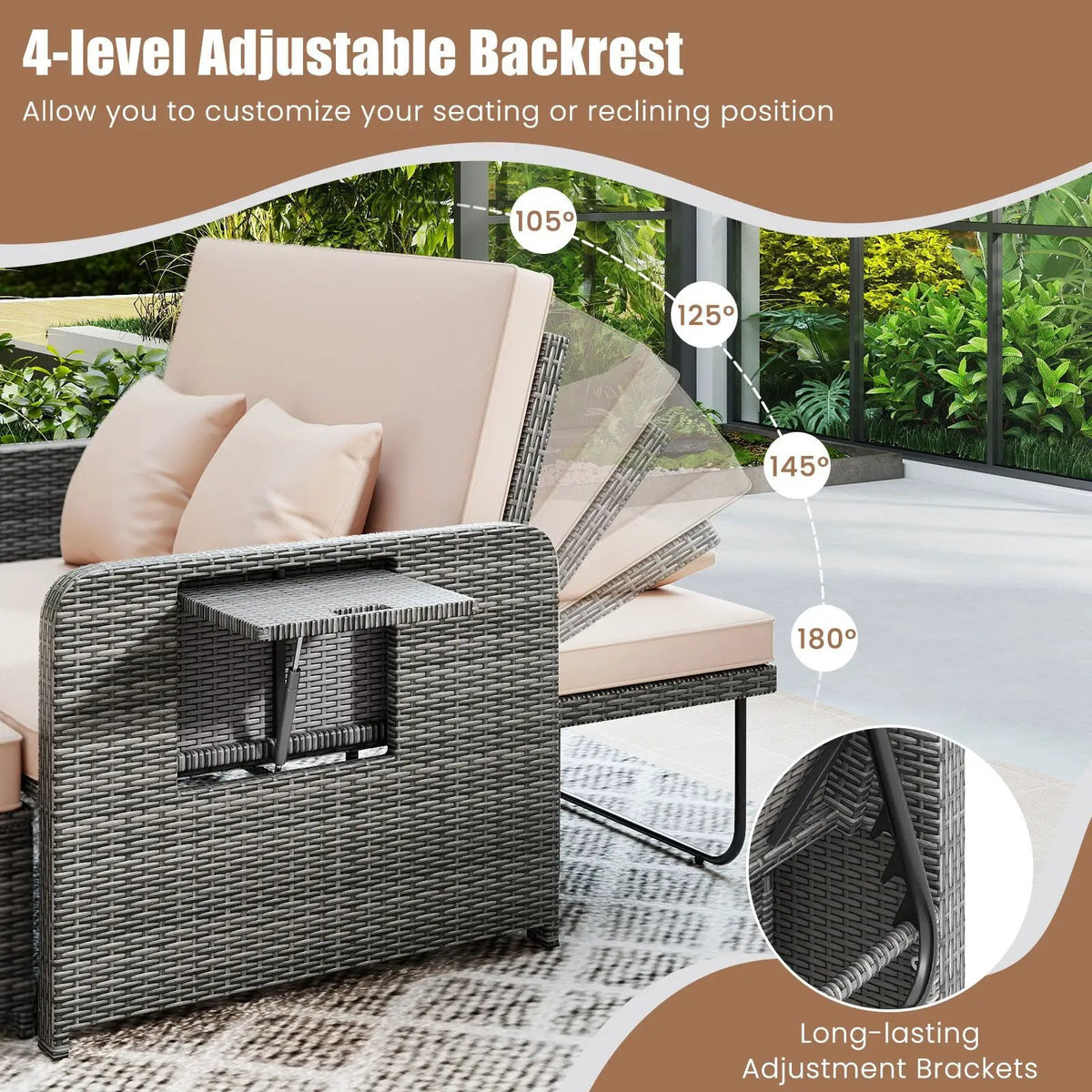 Patio Wicker Loveseat Sofa with Multipurpose Ottoman and Retractable Side Tray, photo 22 of 32