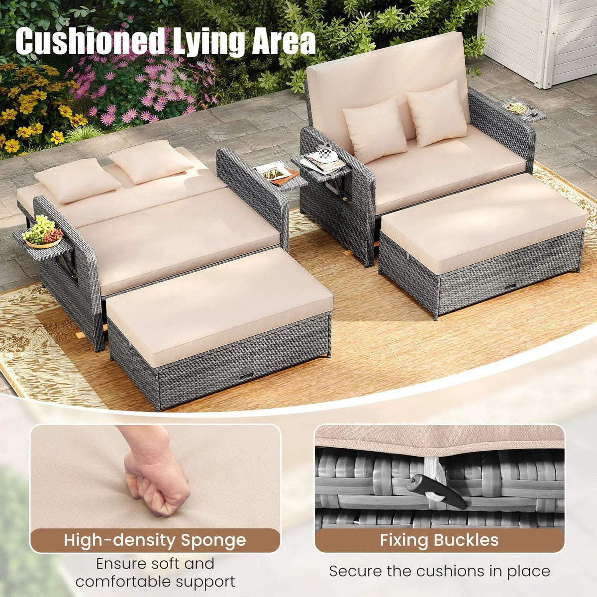 Patio Wicker Loveseat Sofa with Multipurpose Ottoman and Retractable Side Tray, photo 30 of 32