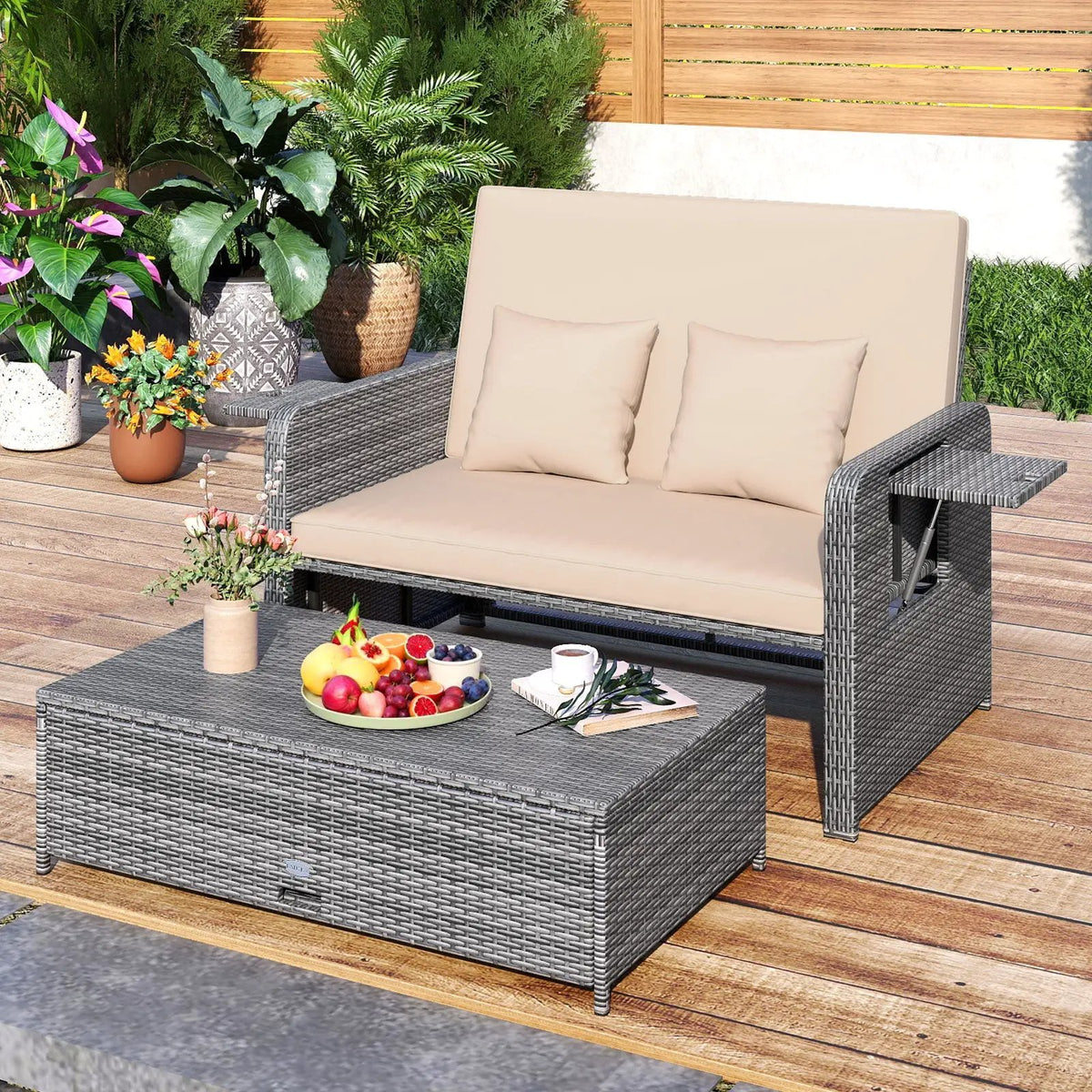 Patio Wicker Loveseat Sofa with Multipurpose Ottoman and Retractable Side Tray, photo 7 of 32