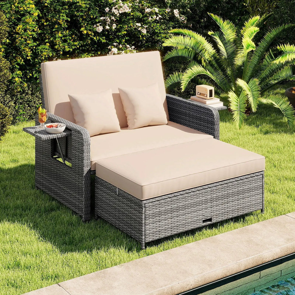 Patio Wicker Loveseat Sofa with Multipurpose Ottoman and Retractable Side Tray, photo 2 of 32