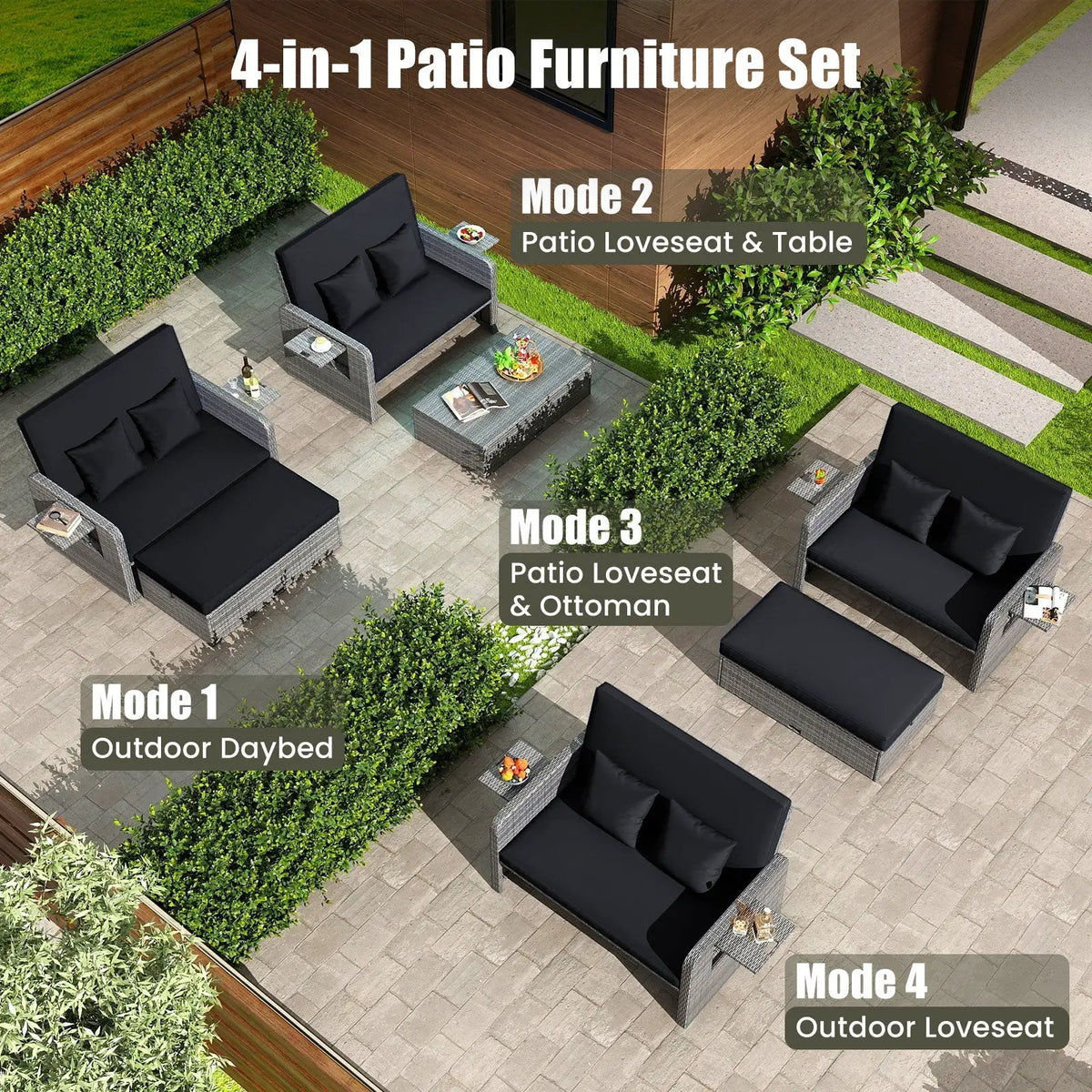 Patio Wicker Loveseat Sofa with Multipurpose Ottoman and Retractable Side Tray, photo 32 of 32