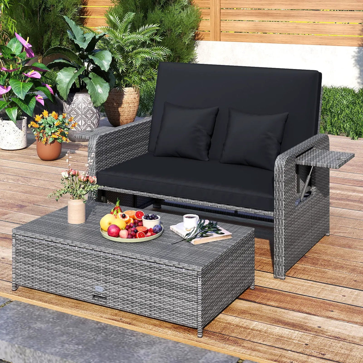 Patio Wicker Loveseat Sofa with Multipurpose Ottoman and Retractable Side Tray, photo 6 of 32