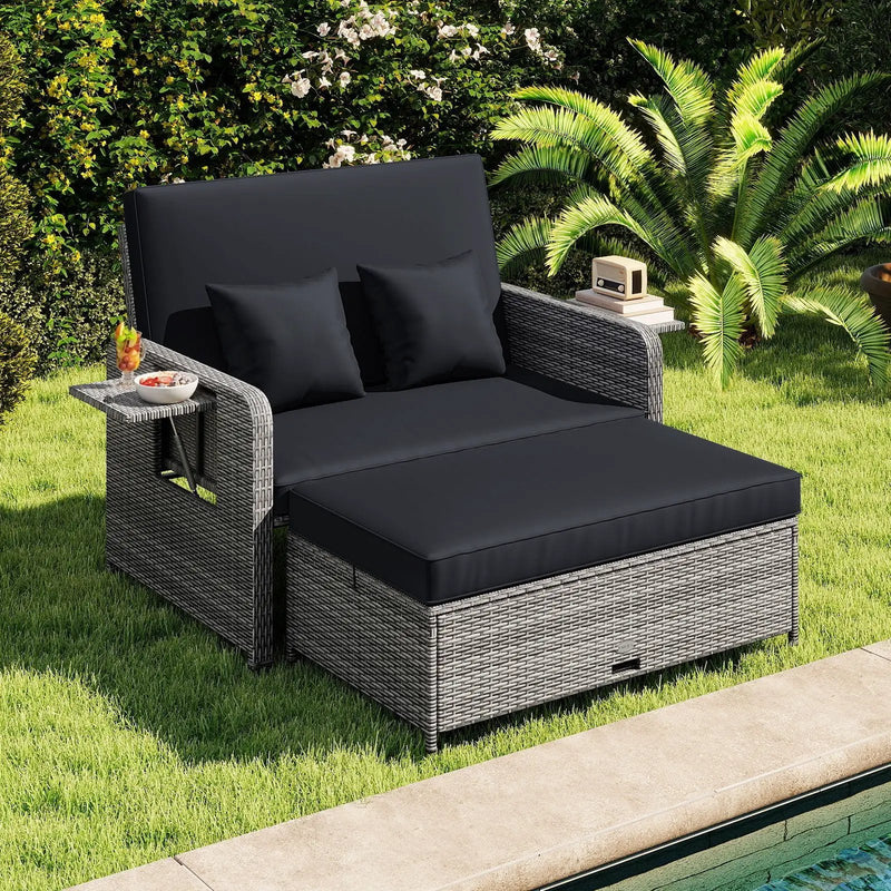 Patio Wicker Loveseat Sofa with Multipurpose Ottoman and Retractable Side Tray by DirectDeals