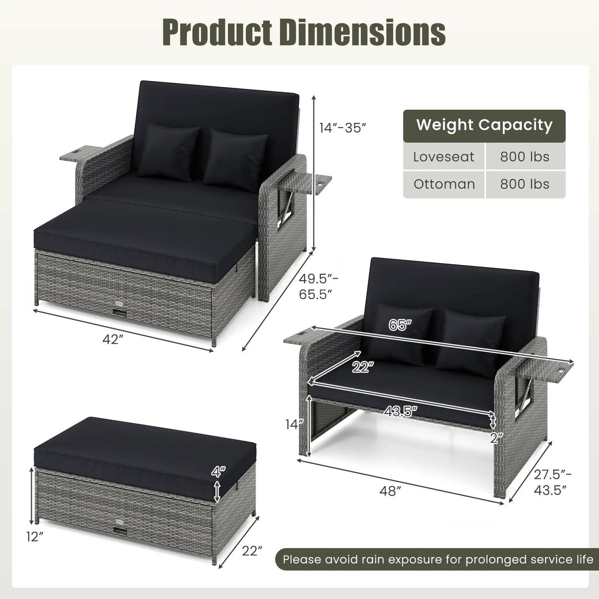 Patio Wicker Loveseat Sofa with Multipurpose Ottoman and Retractable Side Tray, photo 15 of 32