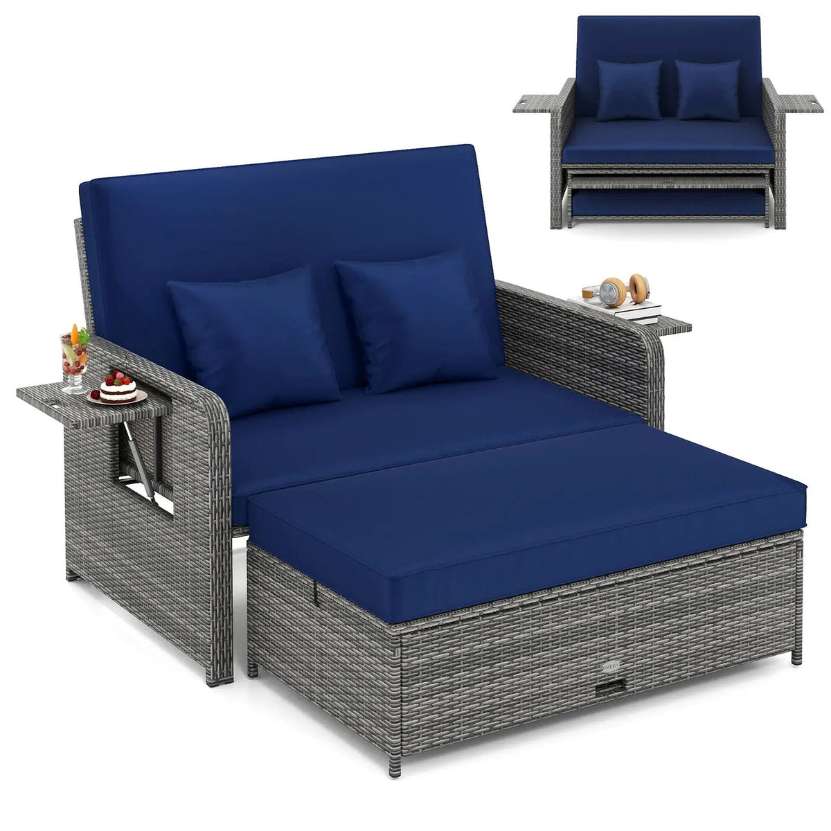 Patio Wicker Loveseat Sofa with Multipurpose Ottoman and Retractable Side Tray, photo 10 of 32