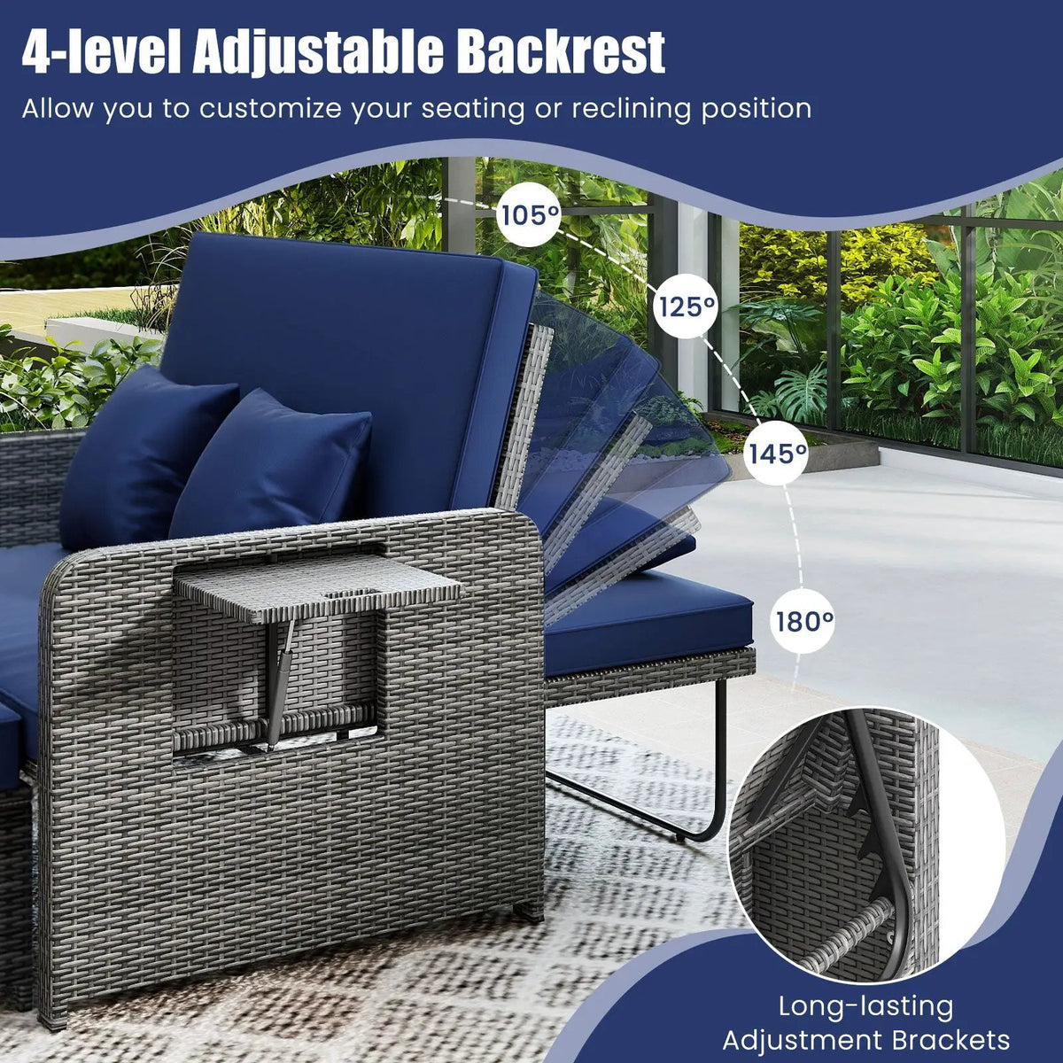 Patio Wicker Loveseat Sofa with Multipurpose Ottoman and Retractable Side Tray, photo 19 of 32