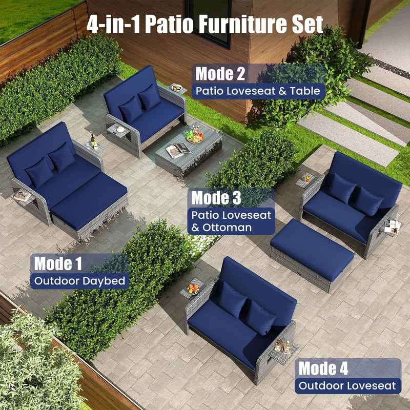 Patio Wicker Loveseat Sofa with Multipurpose Ottoman and Retractable Side Tray by DirectDeals