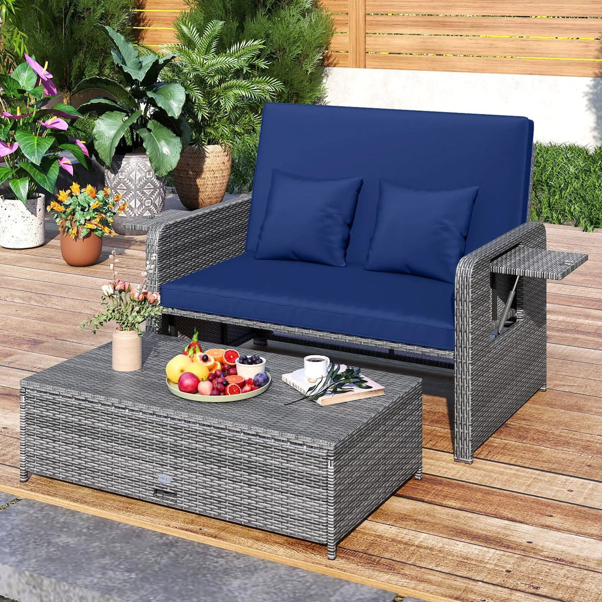 Patio Wicker Loveseat Sofa with Multipurpose Ottoman and Retractable Side Tray, photo 8 of 32