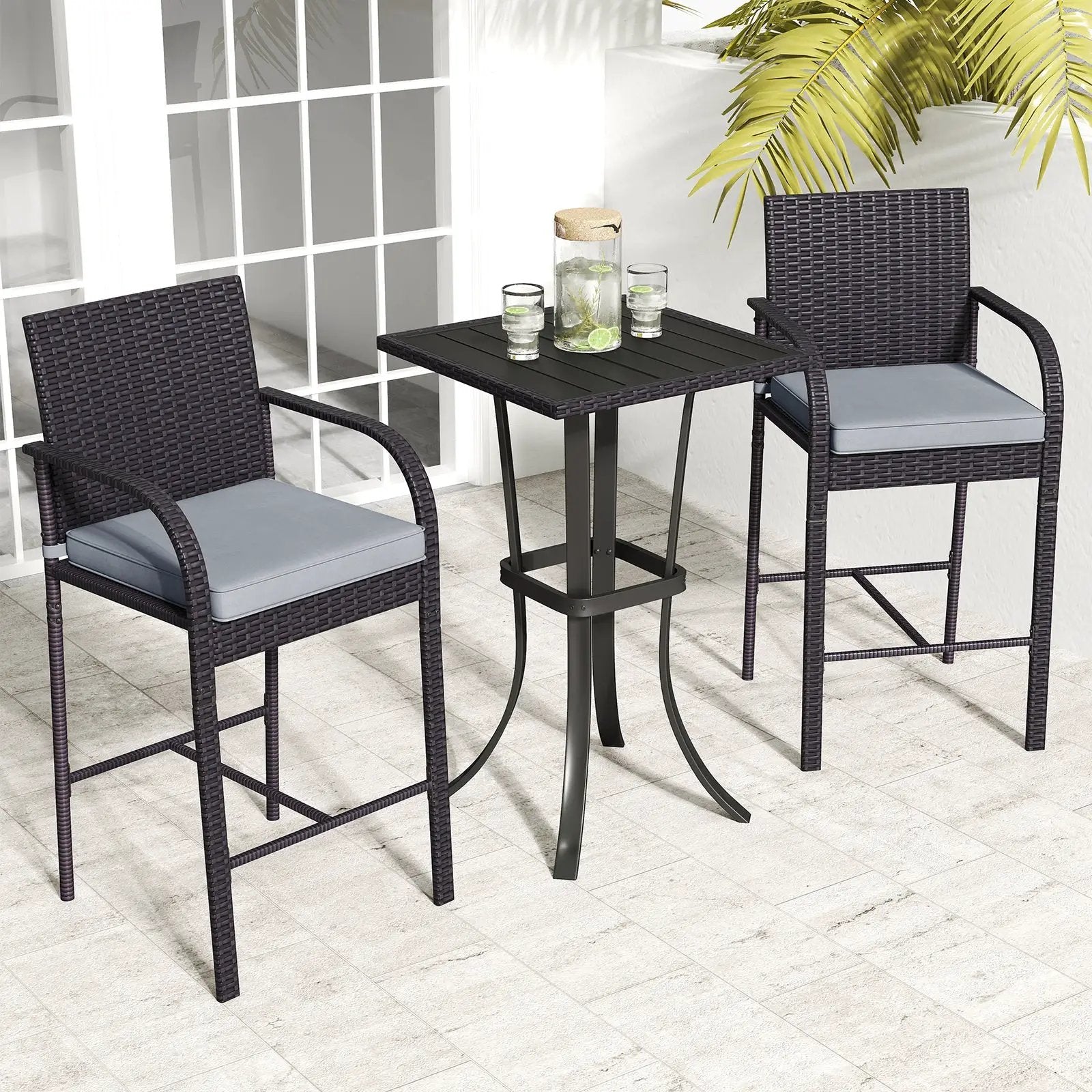 3-Piece Patio Wicker Rattan Bar Height Chairs and Square Table Set-Black by DirectDeals