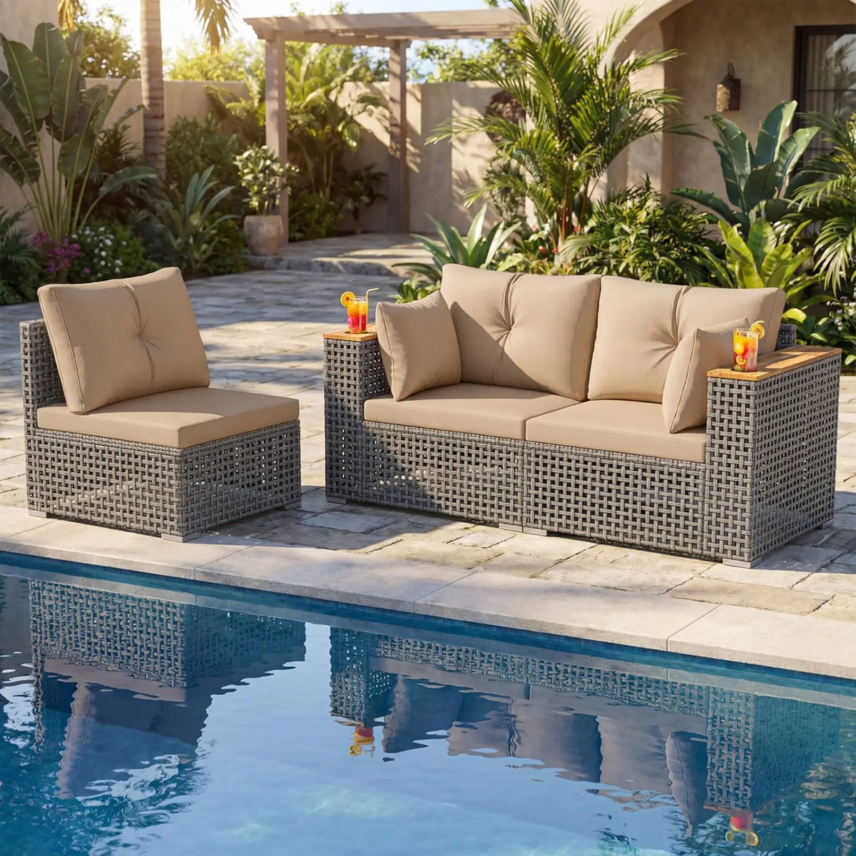 Patio Wicker Sectional Furniture Set with 1 Armless and 2 Corner Sofas for Garden, photo 18 of 24
