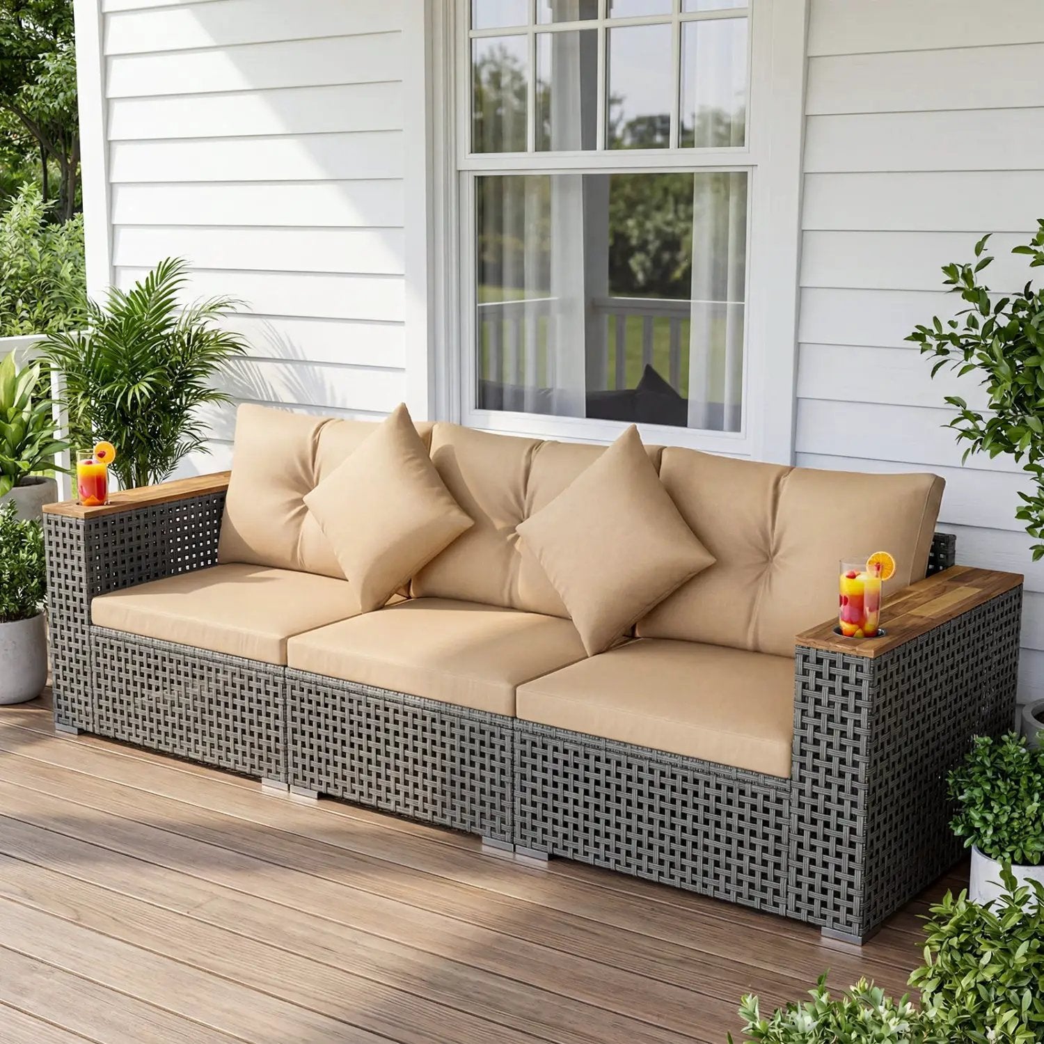 Patio Wicker Sectional Furniture Set with 1 Armless and 2 Corner Sofas for Garden by DirectDeals