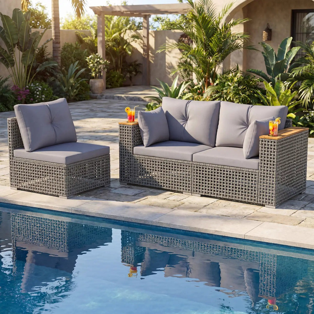 Patio Wicker Sectional Furniture Set with 1 Armless and 2 Corner Sofas for Garden, photo 4 of 24