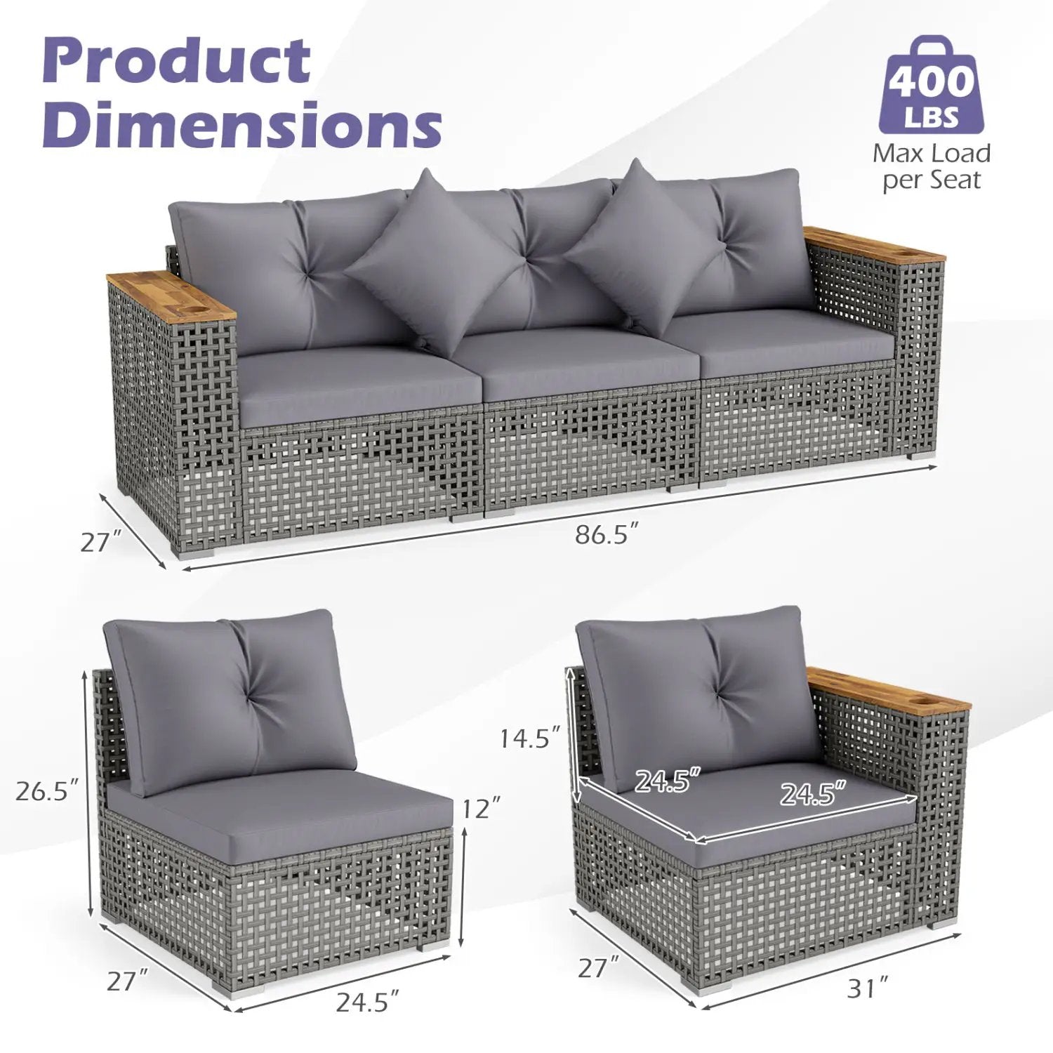 Patio Wicker Sectional Furniture Set with 1 Armless and 2 Corner Sofas for Garden by DirectDeals
