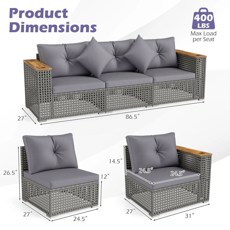 Patio Wicker Sectional Furniture Set with 1 Armless and 2 Corner Sofas for Garden by DirectDeals