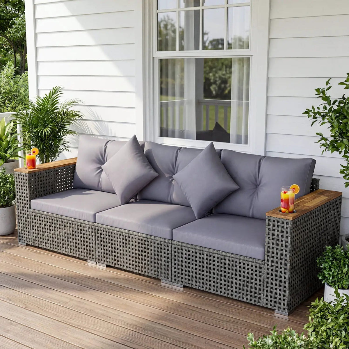 Patio Wicker Sectional Furniture Set with 1 Armless and 2 Corner Sofas for Garden, photo 7 of 24