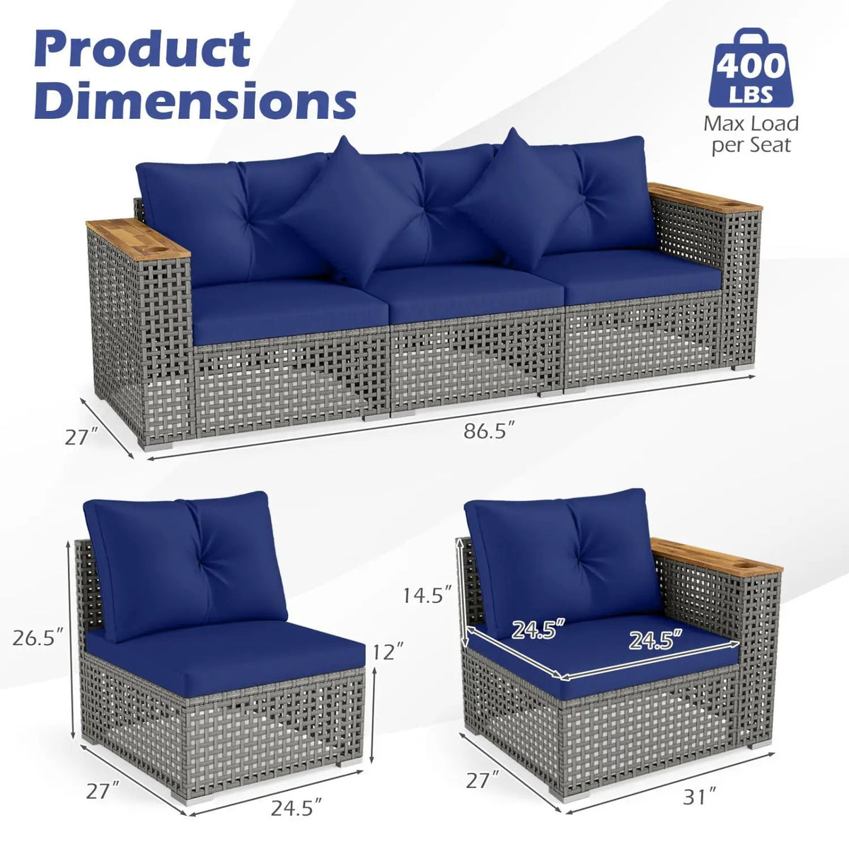 Patio Wicker Sectional Furniture Set with 1 Armless and 2 Corner Sofas for Garden, photo 13 of 24