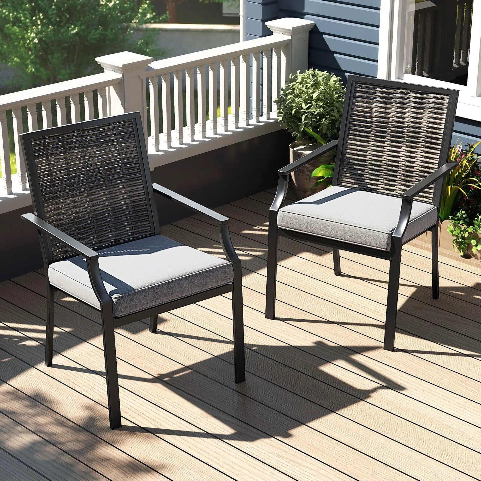Patio Wicker Chairs Set of 2 Stackable Rattan Armchairs with Removable Cushions-Grey by DirectDeals
