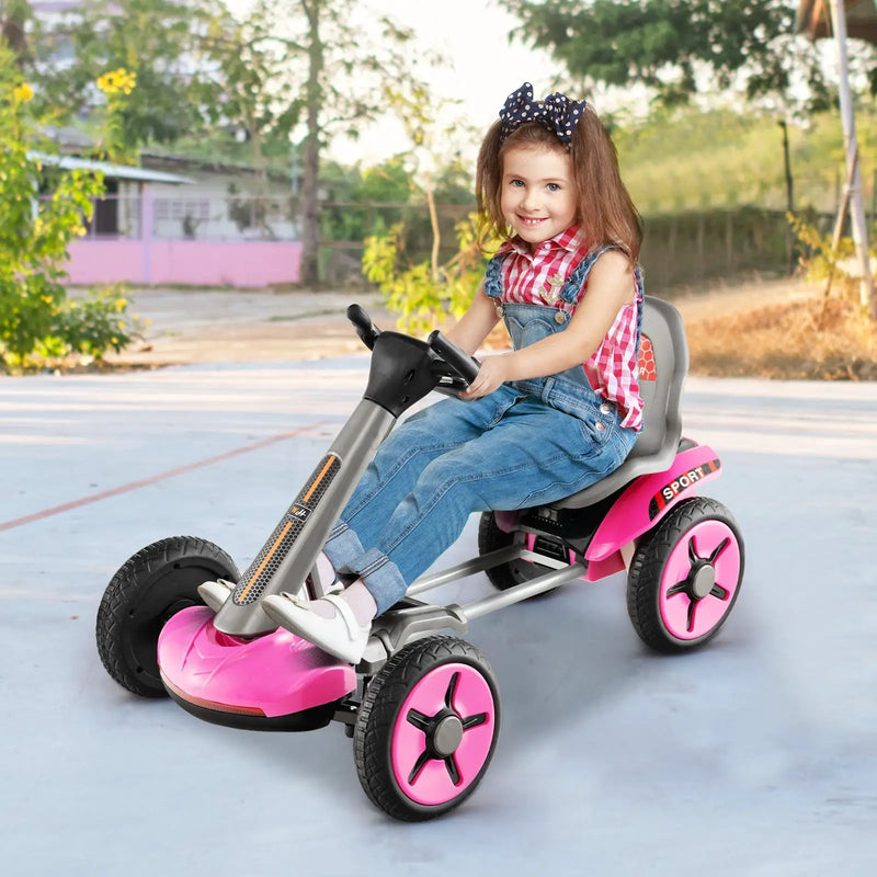 Pedal Powered 4-Wheel Toy Car with Adjustable Steering Wheel and Seat-Pink by DirectDeals