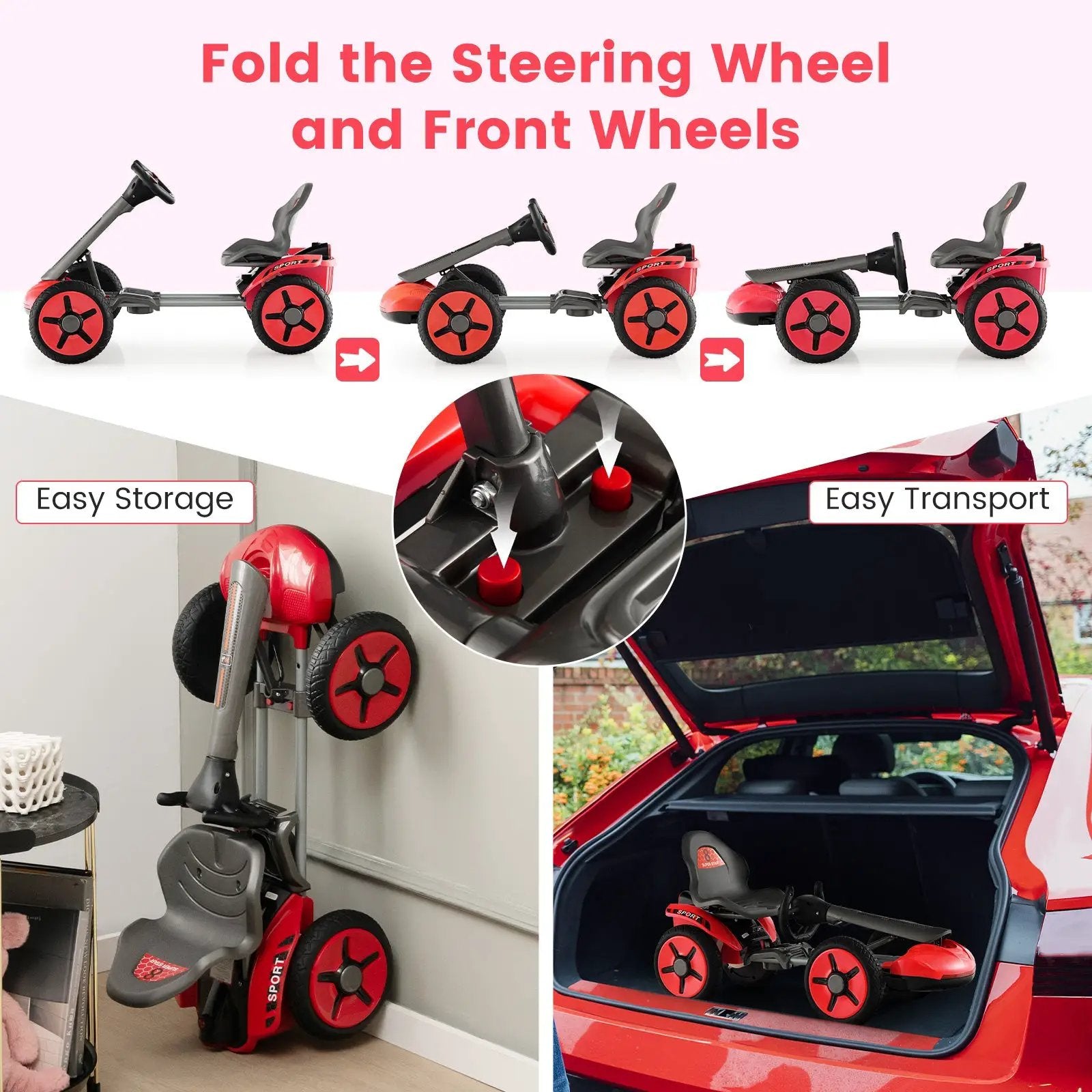 Pedal Powered 4-Wheel Toy Car with Adjustable Steering Wheel and Seat-Red by DirectDeals