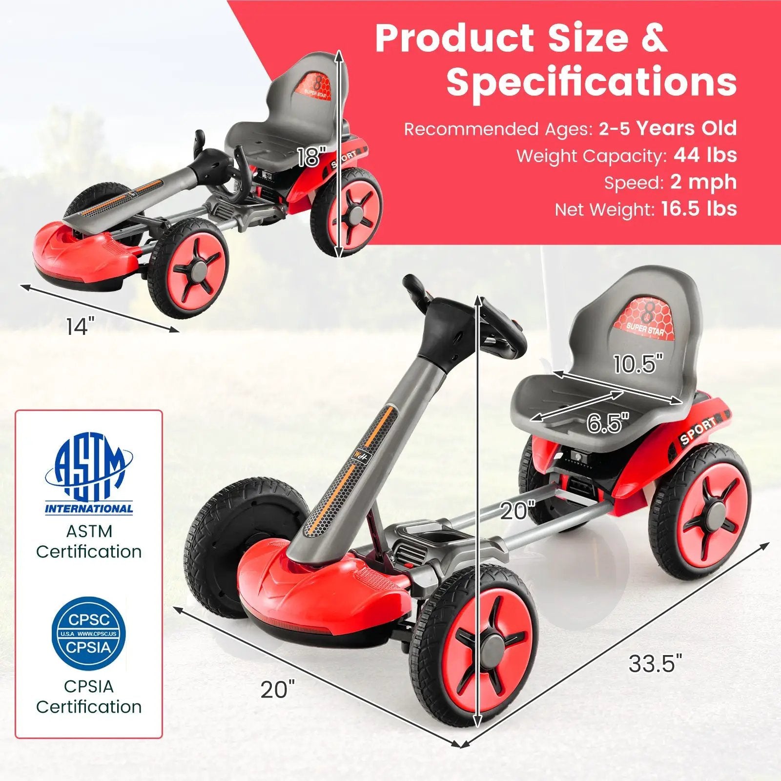 Pedal Powered 4-Wheel Toy Car with Adjustable Steering Wheel and Seat-Red by DirectDeals
