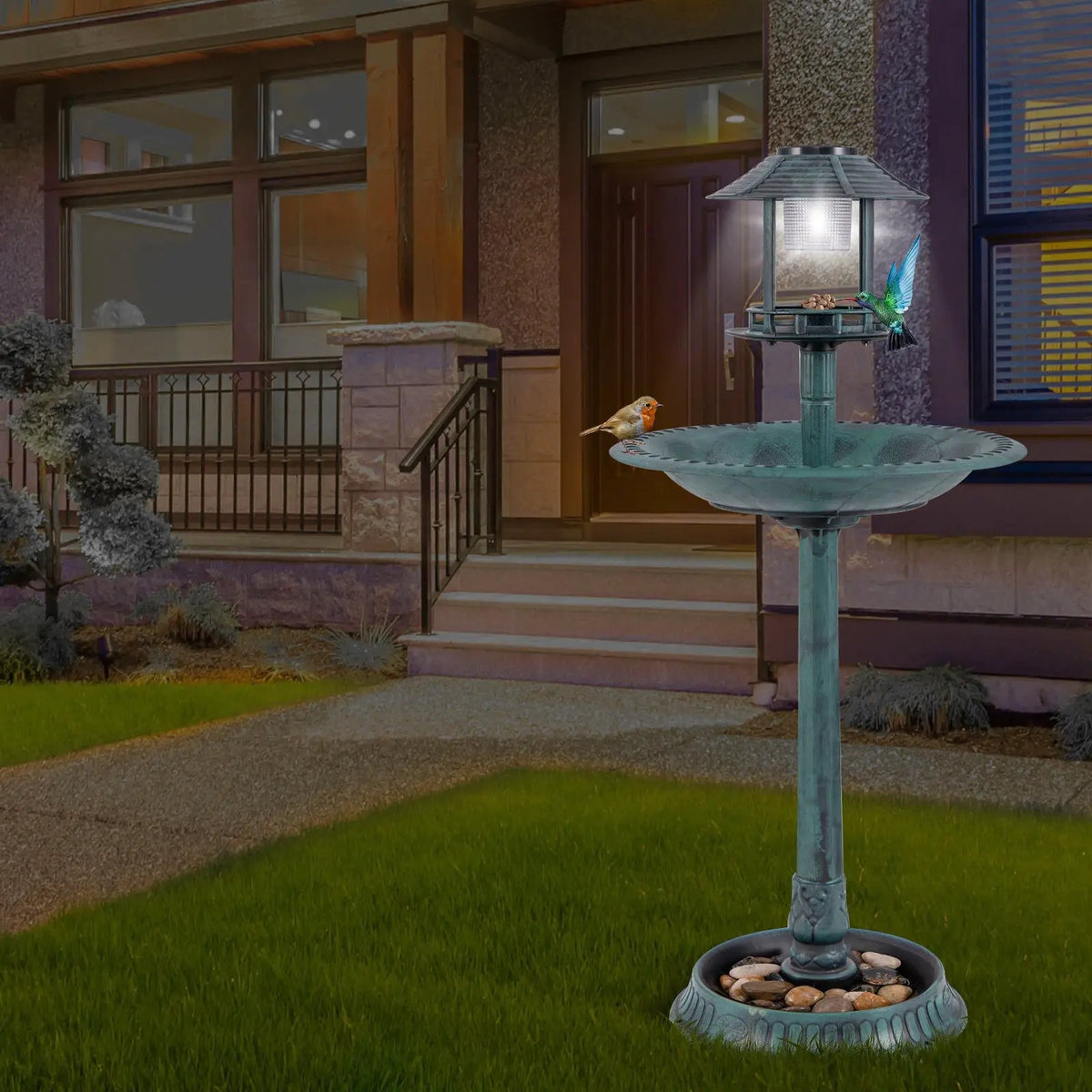 Solar Pedestal Bird Bath with Feeder and Planter - Bronze, photo 5 of 8