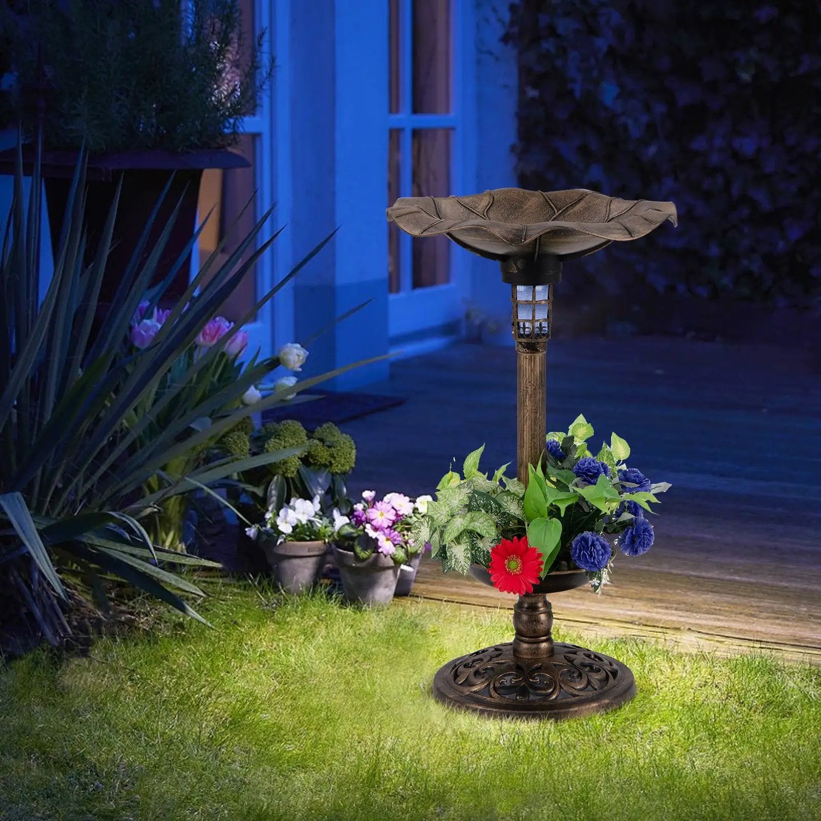 Pedestal Birdbath and Feeder with Solar Light - Lotus Leaf by DirectDeals