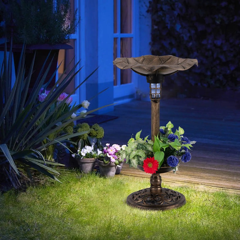 Pedestal Birdbath and Feeder with Solar Light - Lotus Leaf by DirectDeals