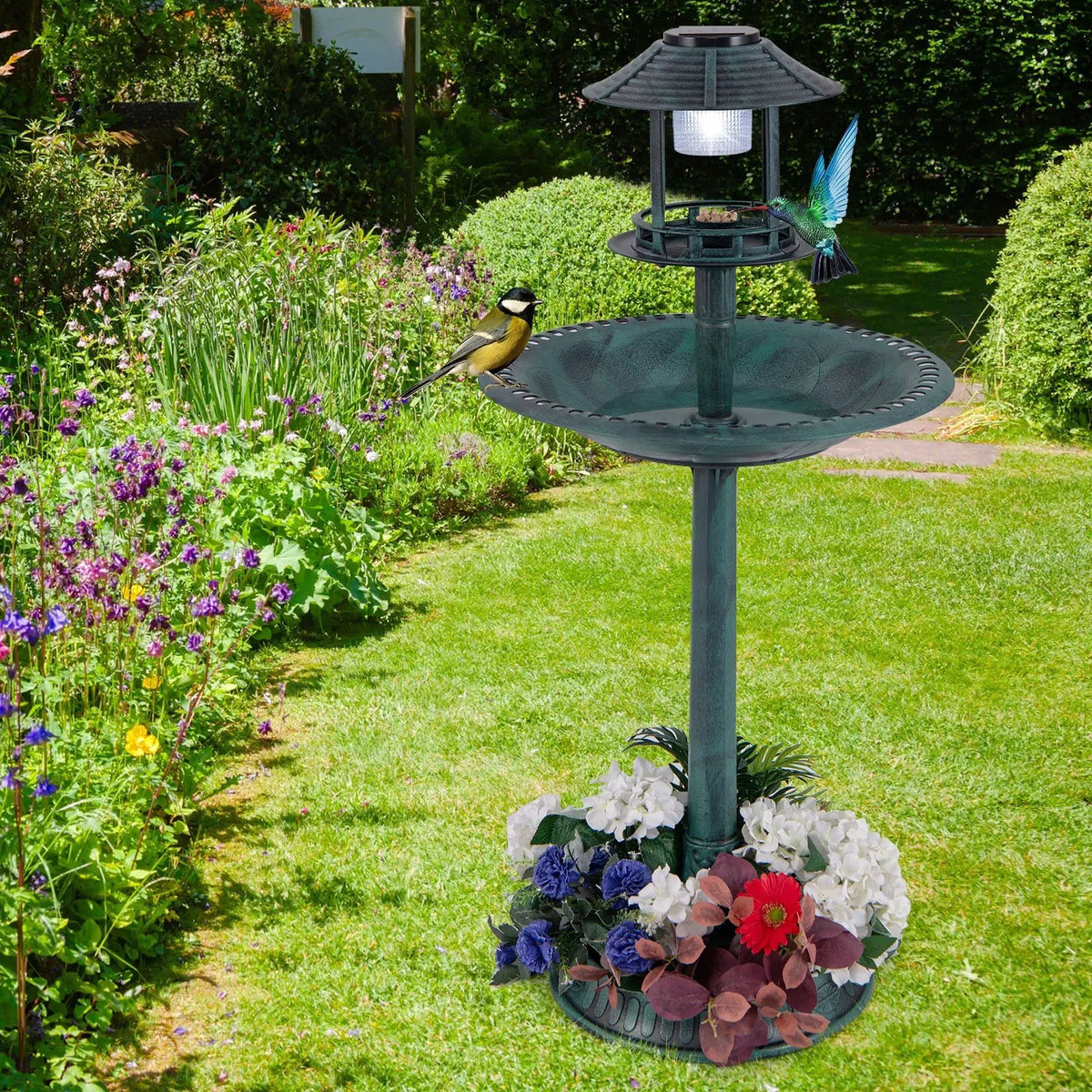 Solar Pedestal Bird Bath with Feeder and Planter - Bronze, photo 6 of 8