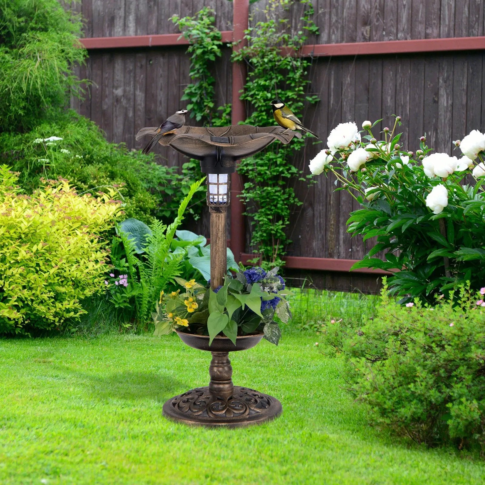 Pedestal Birdbath and Feeder with Solar Light - Lotus Leaf by DirectDeals