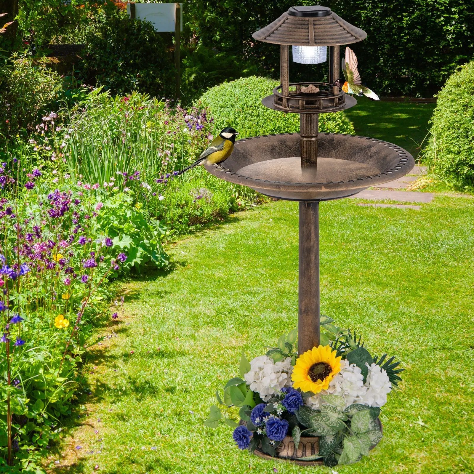 Solar Pedestal Bird Bath with Feeder and Planter - Bronze by DirectDeals