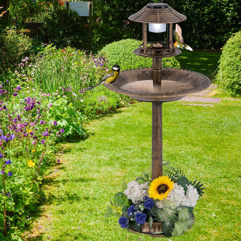 Solar Pedestal Bird Bath with Feeder and Planter - Bronze by DirectDeals