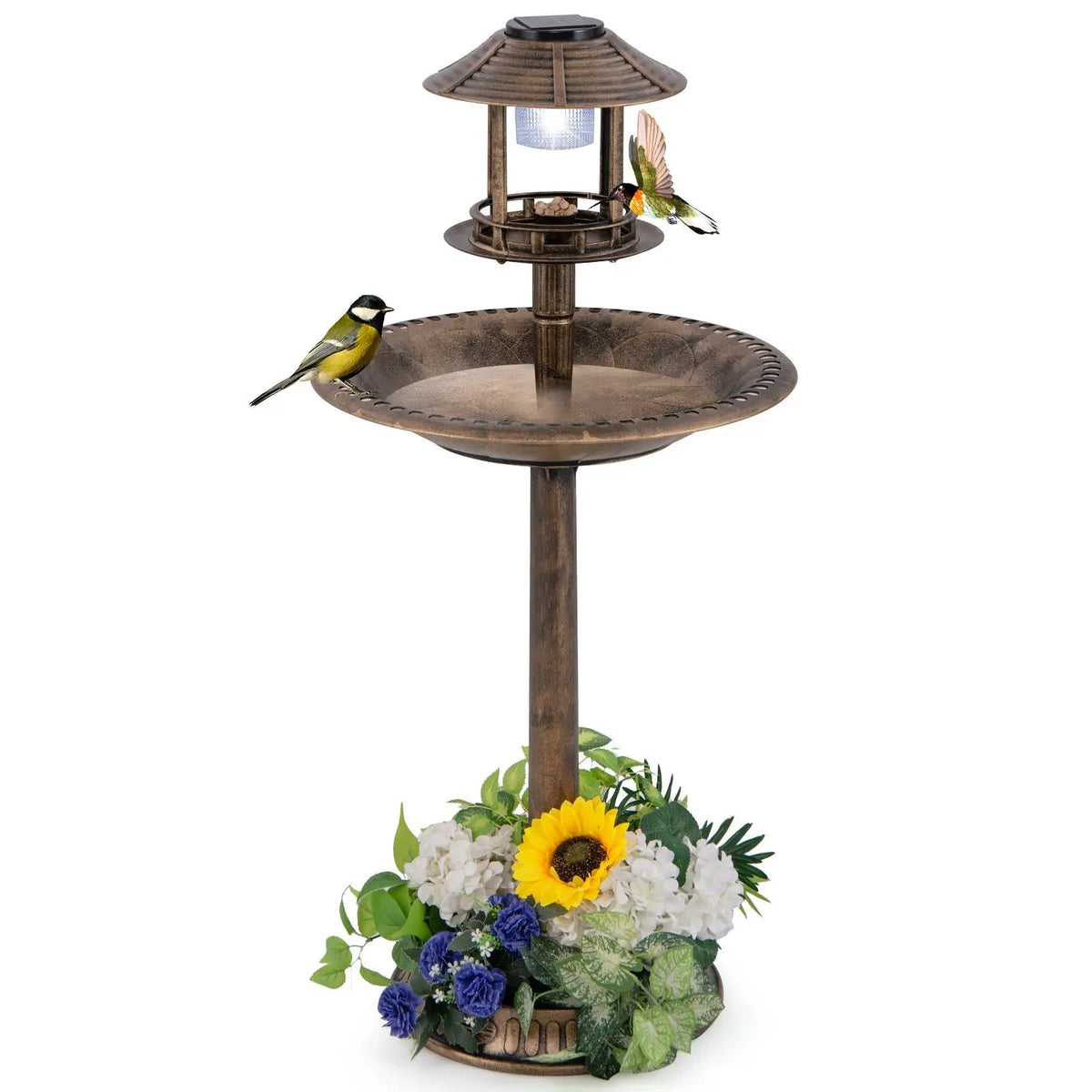 Solar Pedestal Bird Bath with Feeder and Planter - Bronze, photo 3 of 8