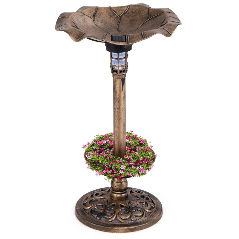 Pedestal Birdbath and Feeder with Solar Light - Lotus Leaf by DirectDeals