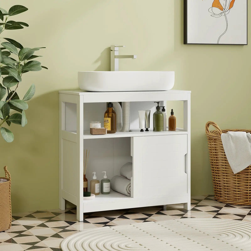 Pedestal Sink Storage Cabinet with 2 Sliding Doors and U-shaped Cut-out-White by DirectDeals
