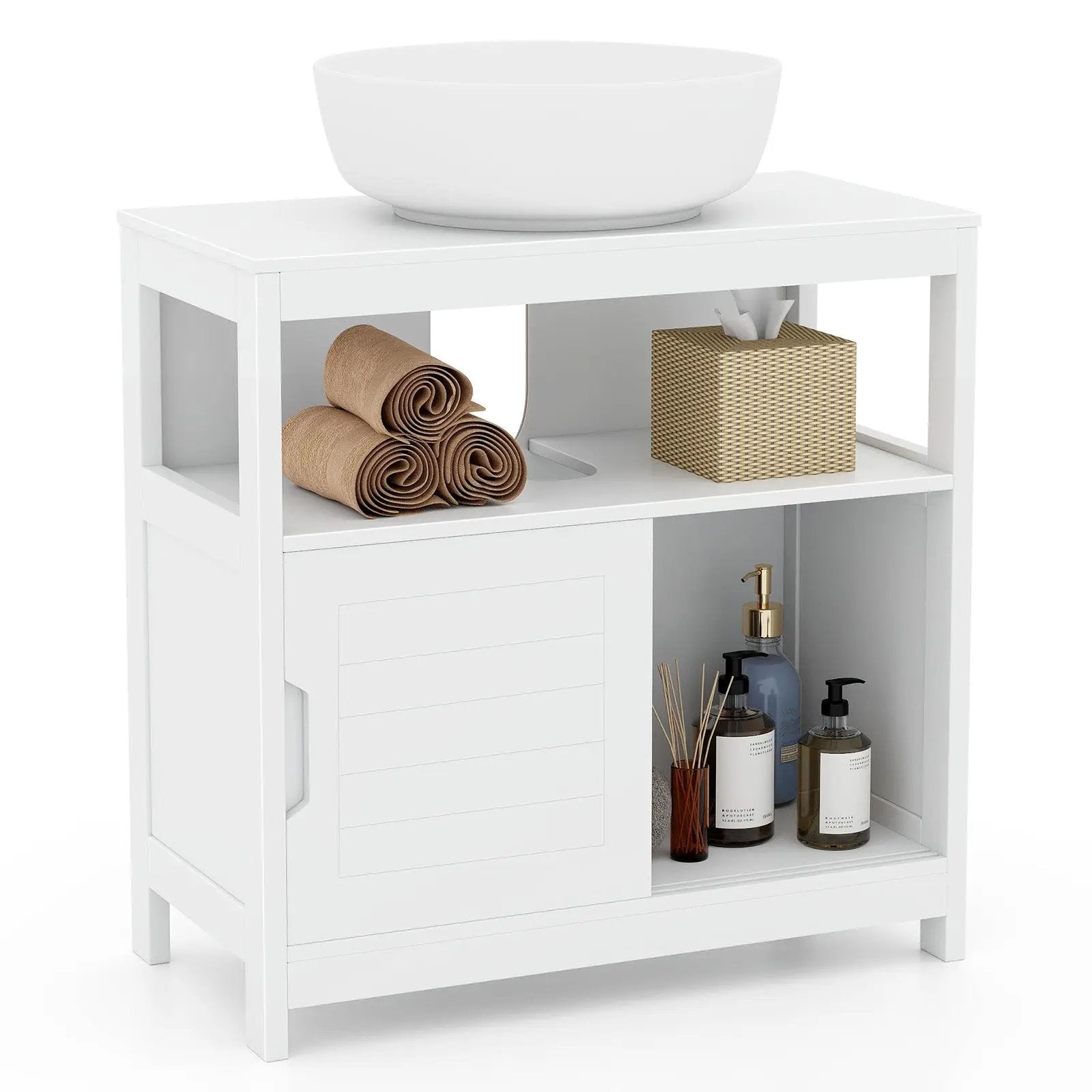 Pedestal Sink Storage Cabinet with 2 Sliding Doors and U-shaped Cut-out-White by DirectDeals
