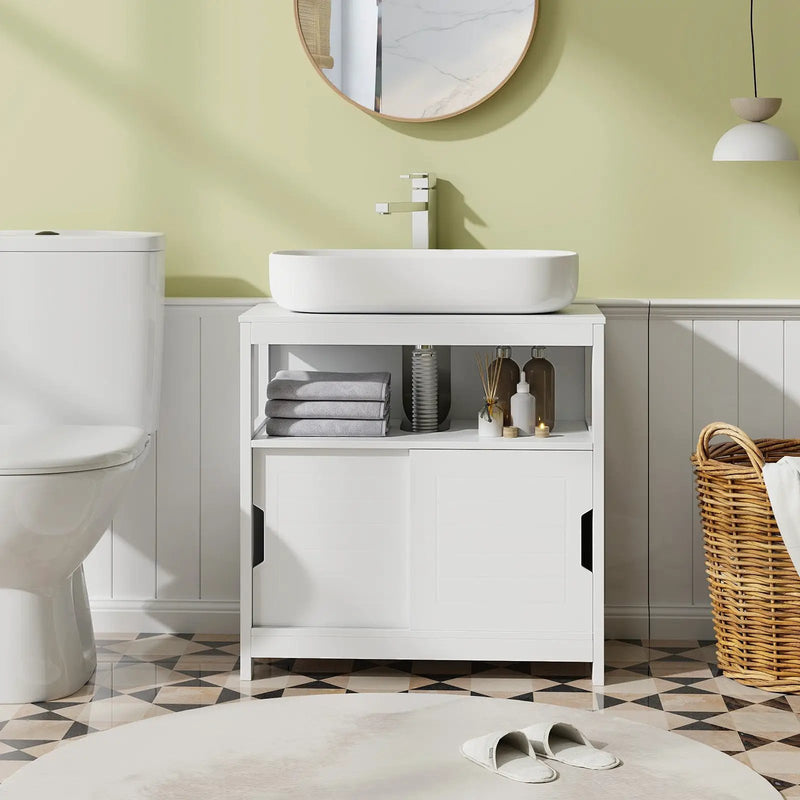 Pedestal Sink Storage Cabinet with 2 Sliding Doors and U-shaped Cut-out-White by DirectDeals