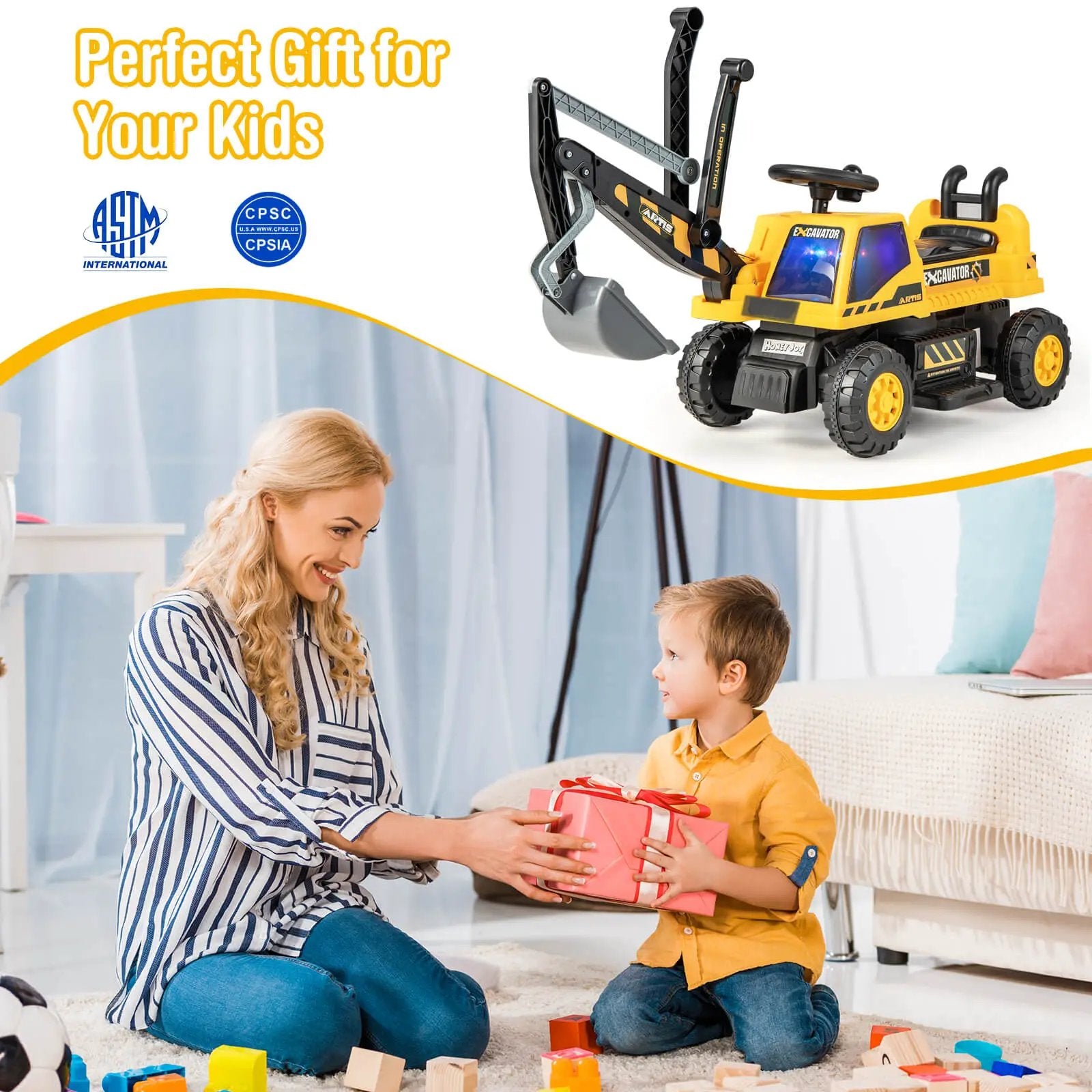 Kids ASTM Certificated Powered Ride On Bulldozer with Front Digger Shovel-Yellow by DirectDeals