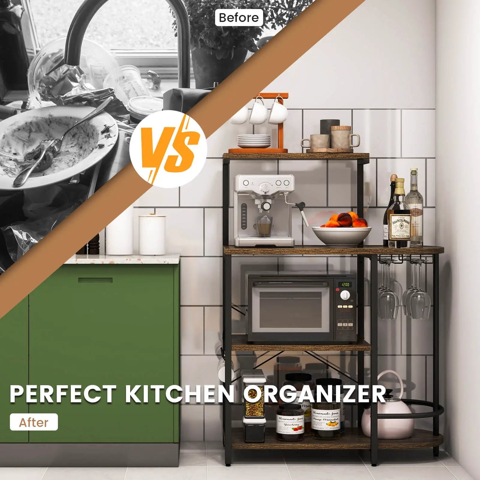 4-Tier Kitchen Bakers Rack with 6 S-Hooks and Stemware Racks-Rustic Brown by DirectDeals