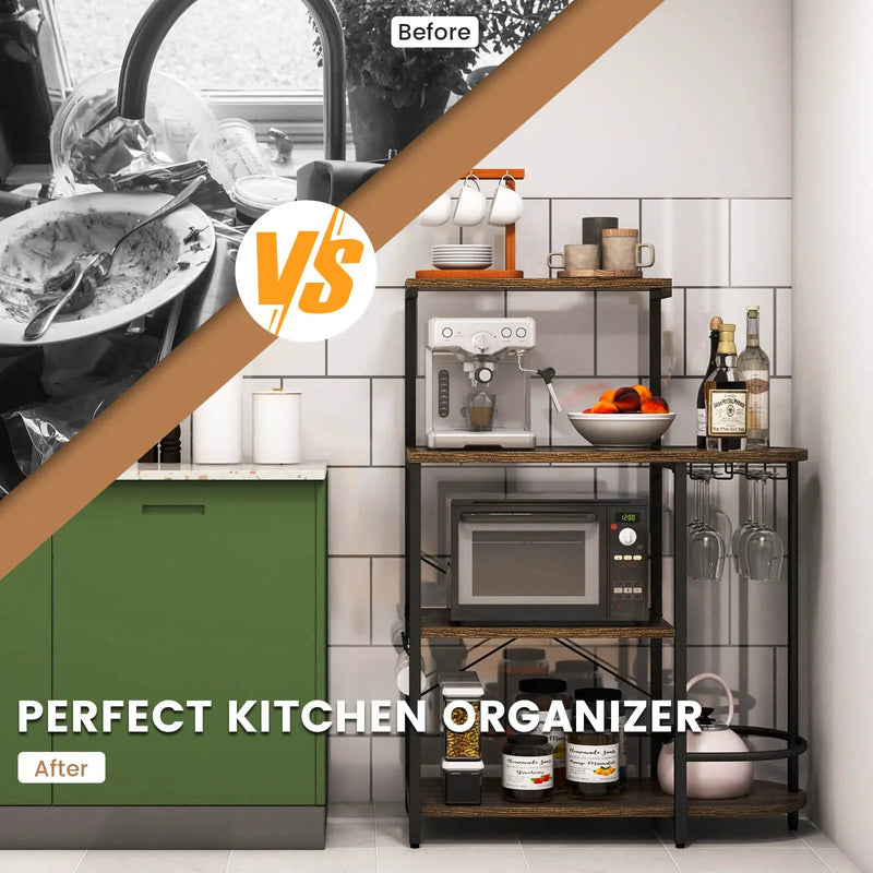 4-Tier Kitchen Bakers Rack with 6 S-Hooks and Stemware Racks-Rustic Brown by DirectDeals