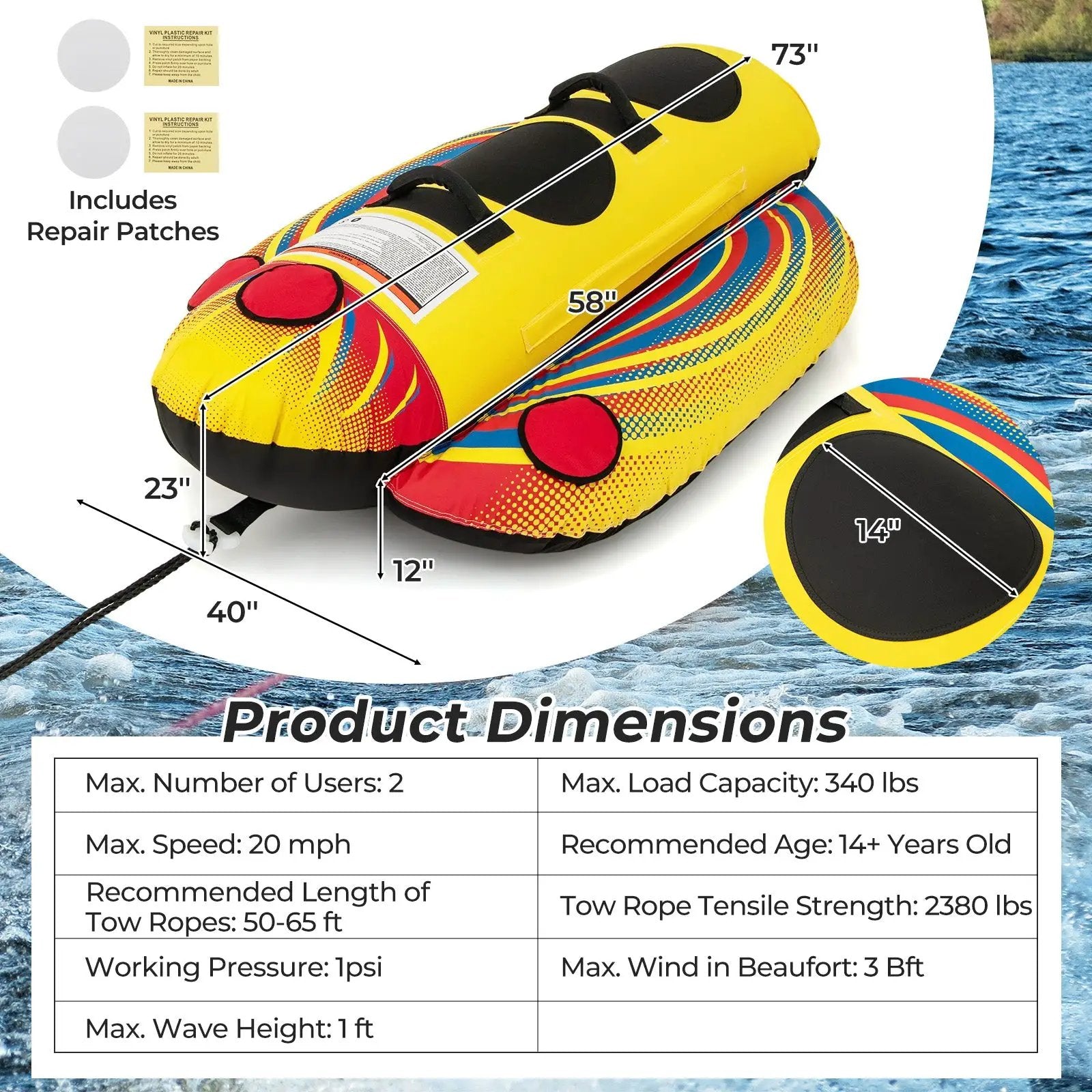 1 or 2 Person Inflatable Towable Tube Banana Boat for Boating by DirectDeals