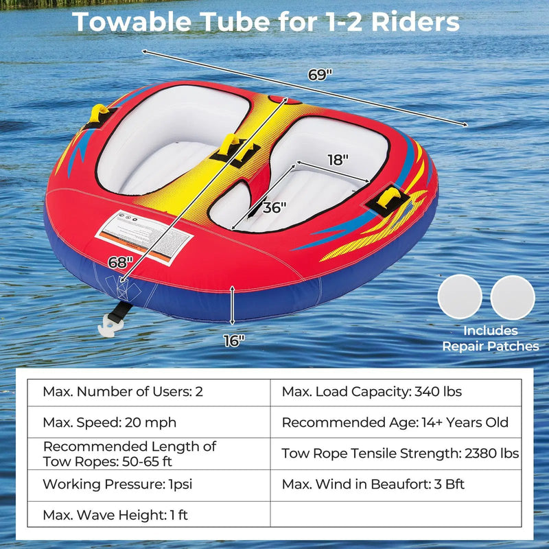 1 or 2 Person Inflatable Towable Tube for Boating with Drainage by DirectDeals