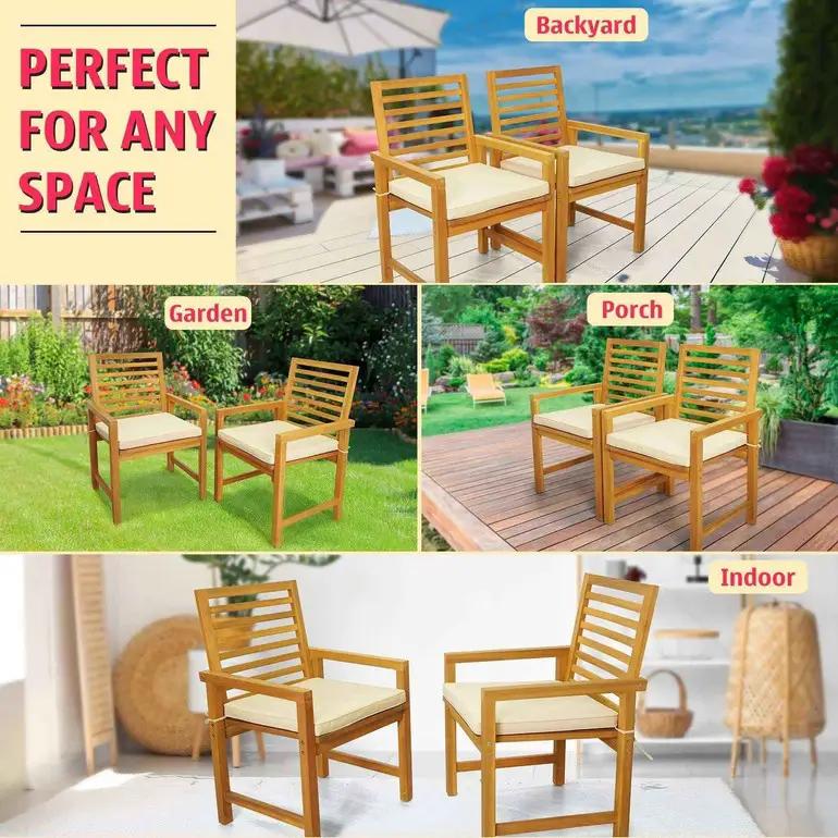 Tranquillo Solara Acacia Wood Outdoor Chairs Set of 2 with Cushions for Stylish Outdoor Seating by Megsu