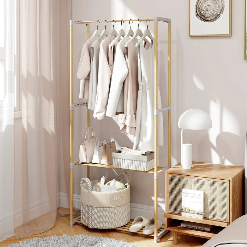 Pine Wood Clothes Rack with 2-Tier Open Storage Shelf for Hanging Clothes-Gray by DirectDeals
