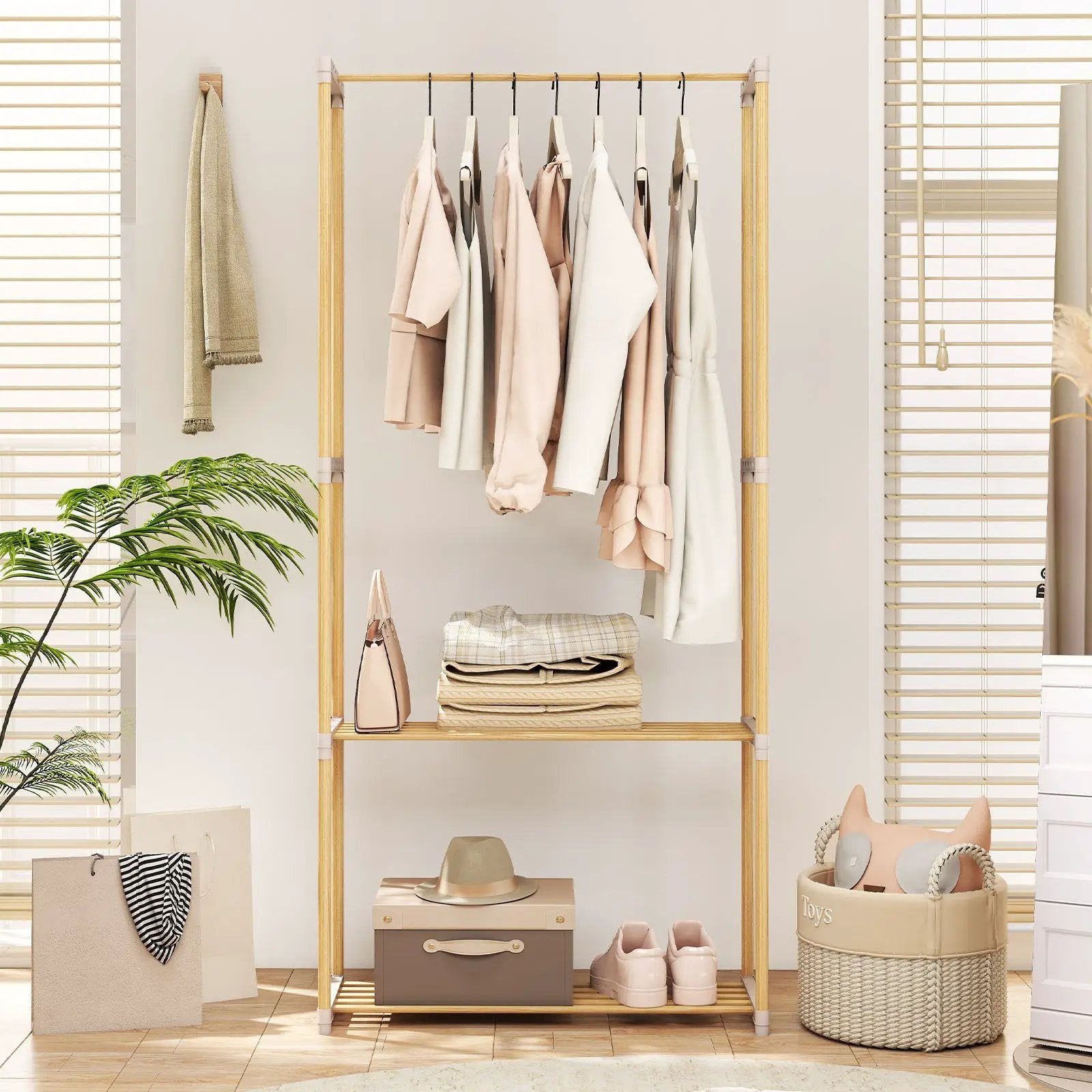 Pine Wood Clothes Rack with 2-Tier Open Storage Shelf for Hanging Clothes-Gray by DirectDeals